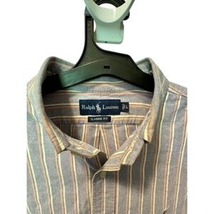 Ralph Lauren Polo Shirt Mens Large Blue Striped Classic Fit Button Up Brown Pony
